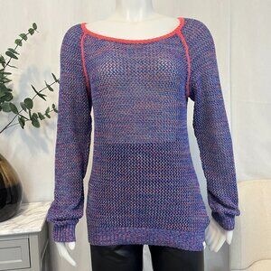 Large Roxy Open Knit Sweater Purple Pink Marled Raglan Long Sleeve Boat Neck Top